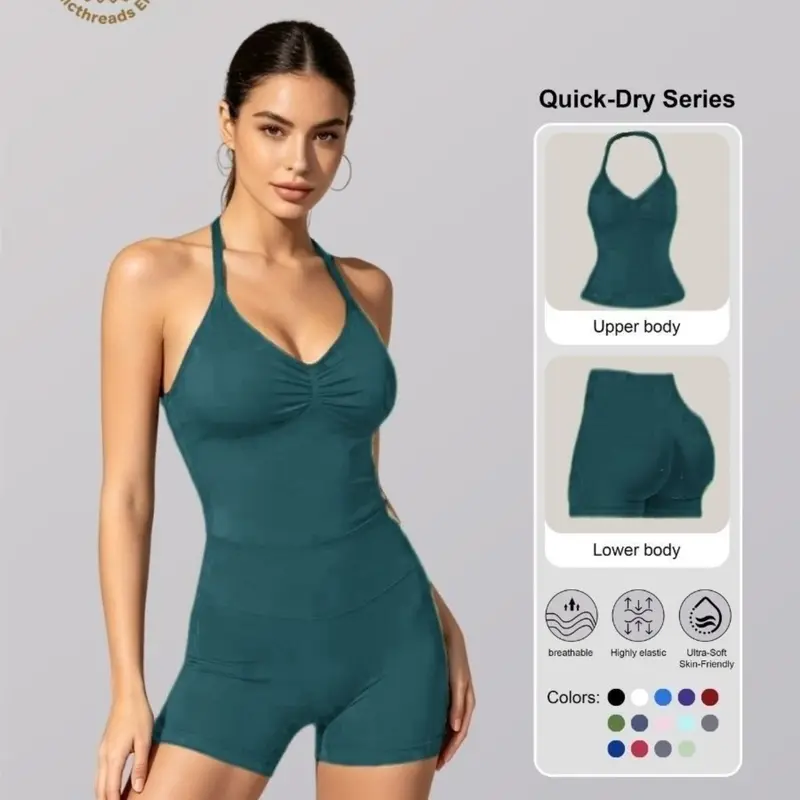 Women's All-Season Sporty Yoga Set, Halter Top and High-Waisted Shorts, Slimming Festival Wear, Perfect for Gym and Parties, Gym Yoga Outfit, Athletic Yoga Set, Fitness Outfit