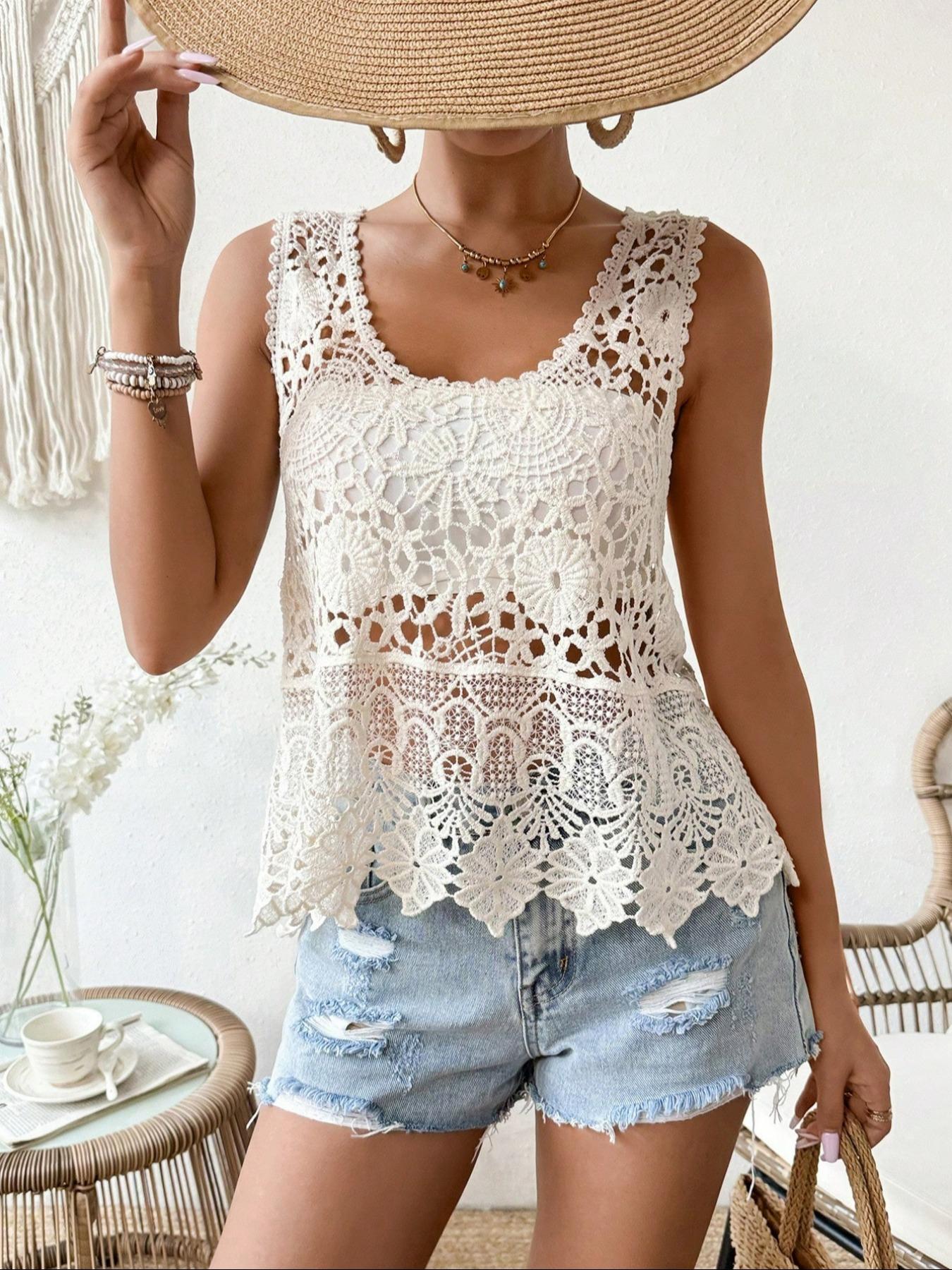 Women's Plain Hollow Out Cover Up Top, Casual Sleeveless Top for Beach Holiday Vacation, Ladies Clothes for Summer, Crochet Cover Up