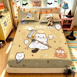 (1 fitted sheet + 2 pillowcases, no filler),Halloween Cute Ghost Pattern,Soft comfy polyester fitted sheet 3-piece bedding set with vivid clear patterns, nice room decor and exquisite gift for home bedroom