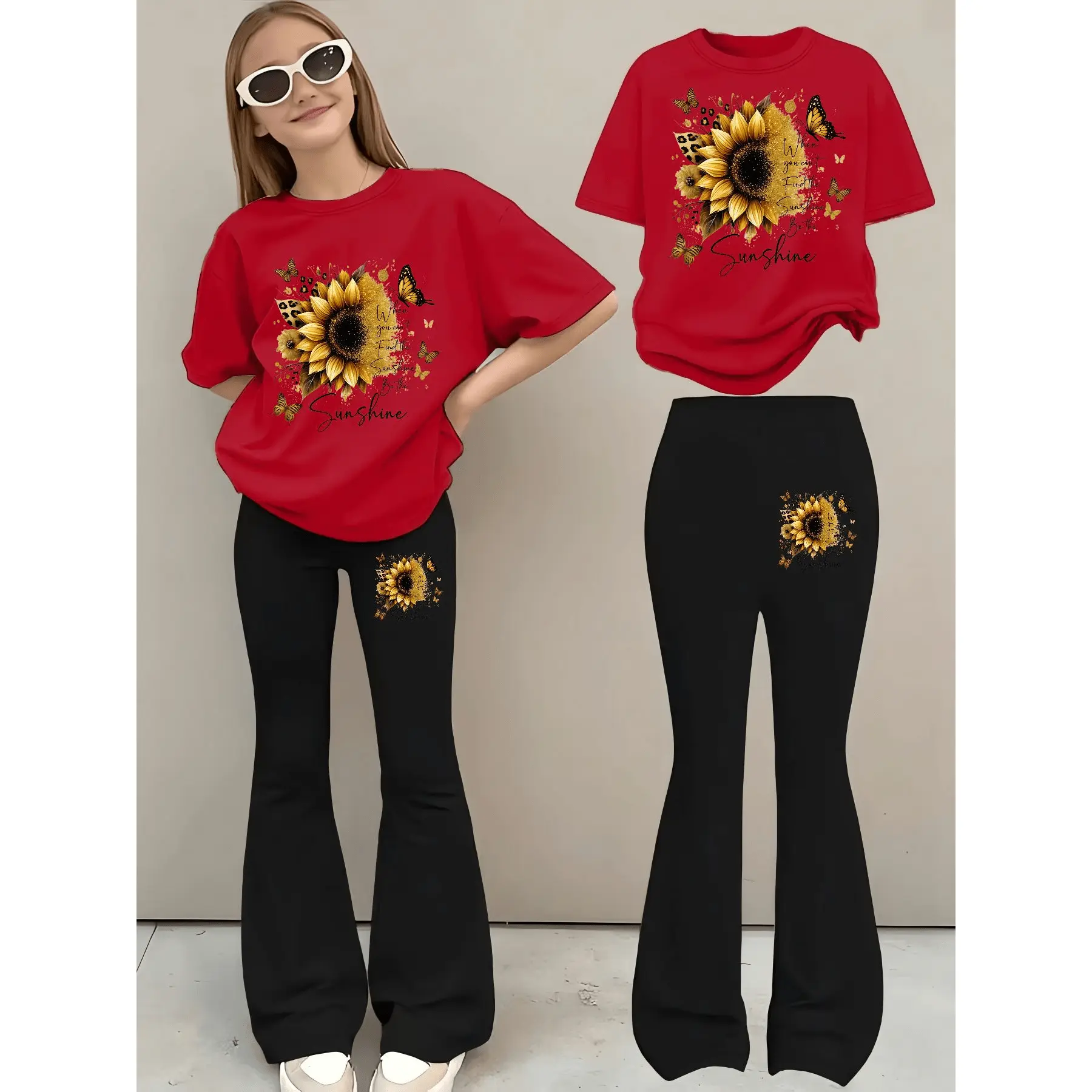 2pcs Girls Flared Pants Spring Summer Autumn Fashion Girly Outfit Sunflower Butterfly Decor Print Sweet Cute Casual Athletic Long Trousers, for Outdoor