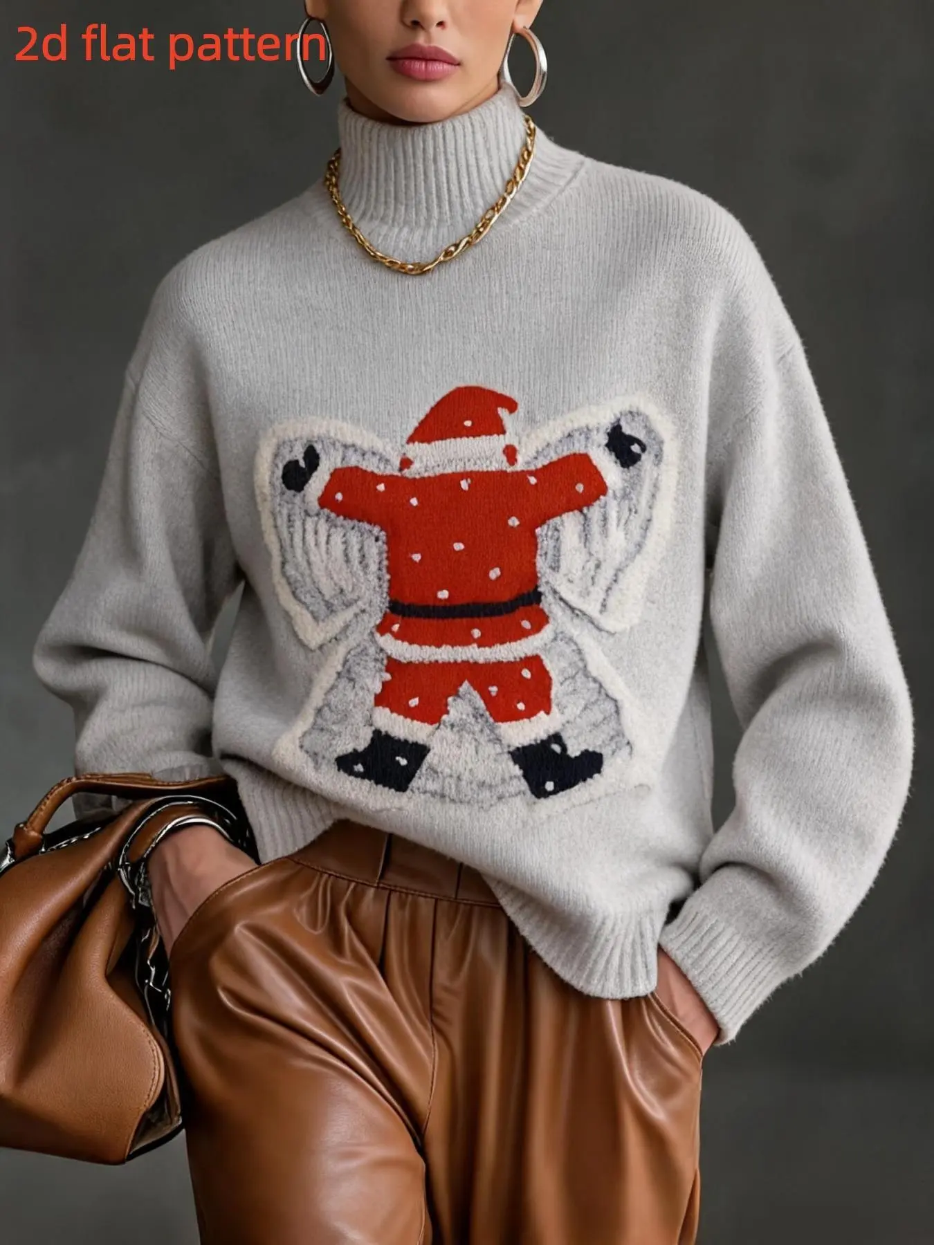 Women's High Neck Long Sleeve Sweater, Christmas Santa Pattern, Elegant Slim Fit, Fall & Winter Fashion, Digital Print Knit Top, Pullover Jumper