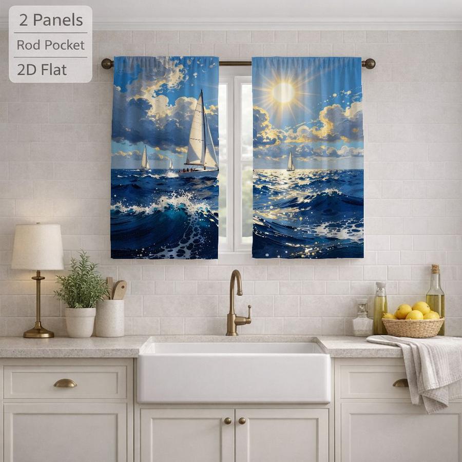 2Pcs Nautical Ocean Seascape Sailboat Sun Blocking Curtains Digital Printed Rod Pocket, Window Treatment For Bedroom Office Kitchen Living Room Study Home Decor