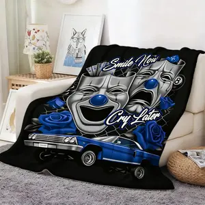 1pc Smile Now Cry Later Car Roses Flannel Blanket Soft Warm All-Season Polyester Suitable for Sofa Bed Office Shawl Camping and Travel Perfect Gift for Birthday Anniversary Travel Essential Festive Pattern Home Decorators