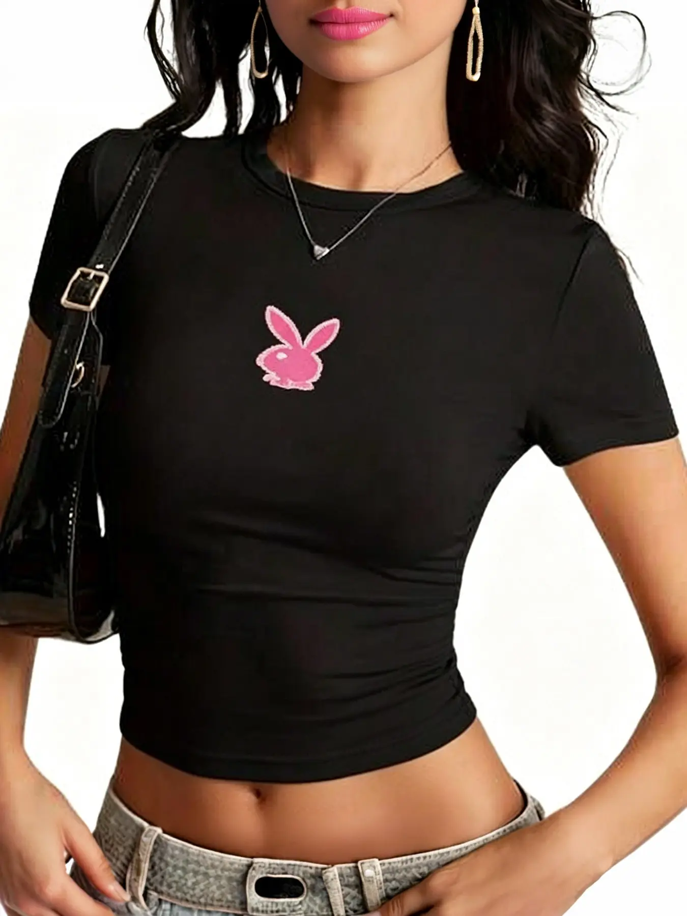 Vintage Playboy Bunny Logo Top, Sexy Slim-Fitting Graphic T-Shirt for Women, Unique Fashion Short Sleeve Tee, All Seasons Wear
