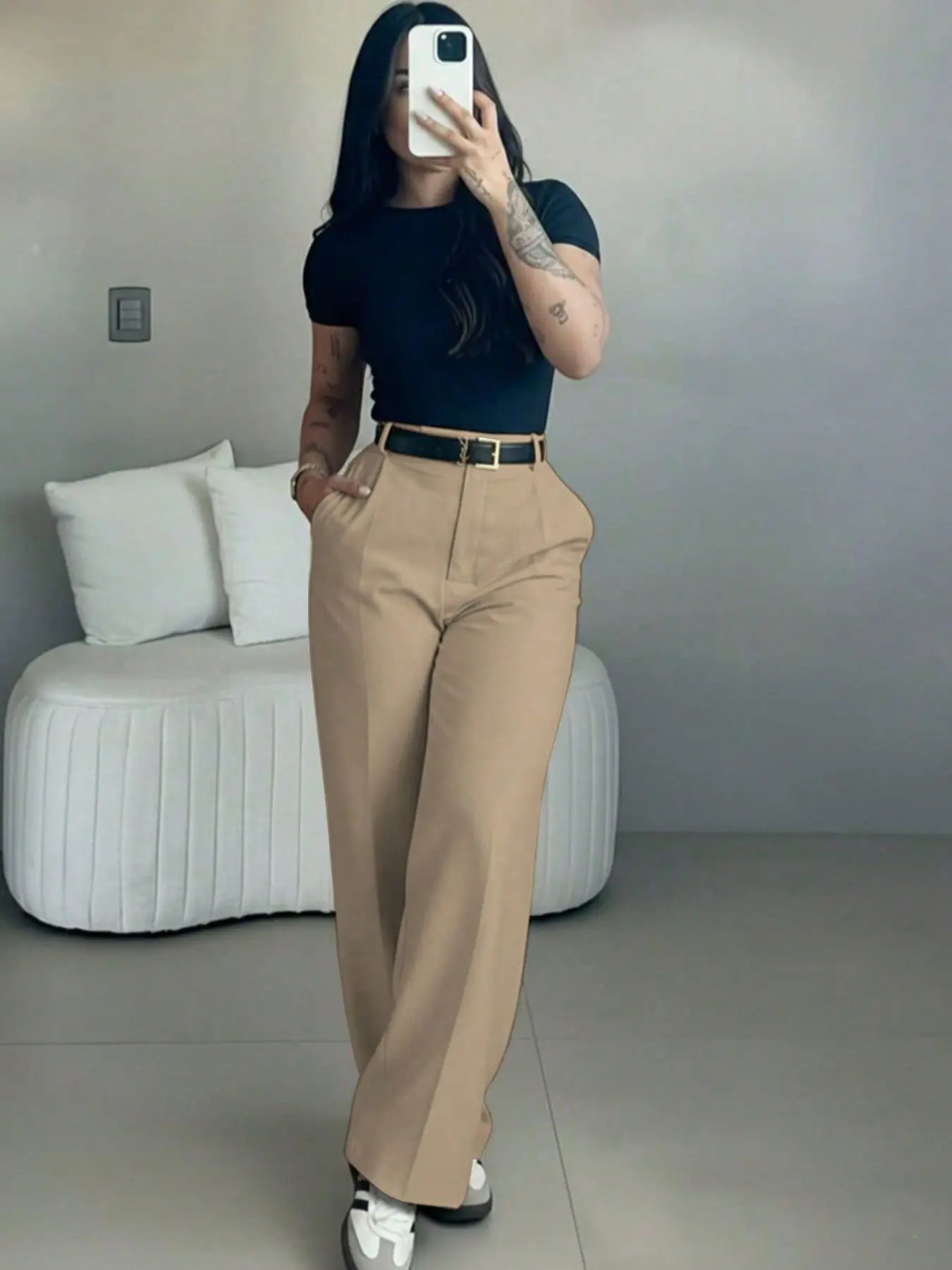 High-Waisted Wide-Leg Solid Suit Pants, Loose Fit Flowy Long Pants, Front Pleat Straight Leg Casual Pants, European and American Office Streetwear Chic Women's Clothing