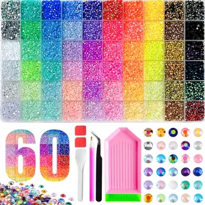 Rainbow Color Rhinestone Set, 60 Pieces, Multi-Color, DIY Nail Art Kit, Includes Glue, Tray, Pliers,Nail Art Rhinestones / Flatback Crystals / Multi-Color / Pickup Tool， Perfect Gift for Women