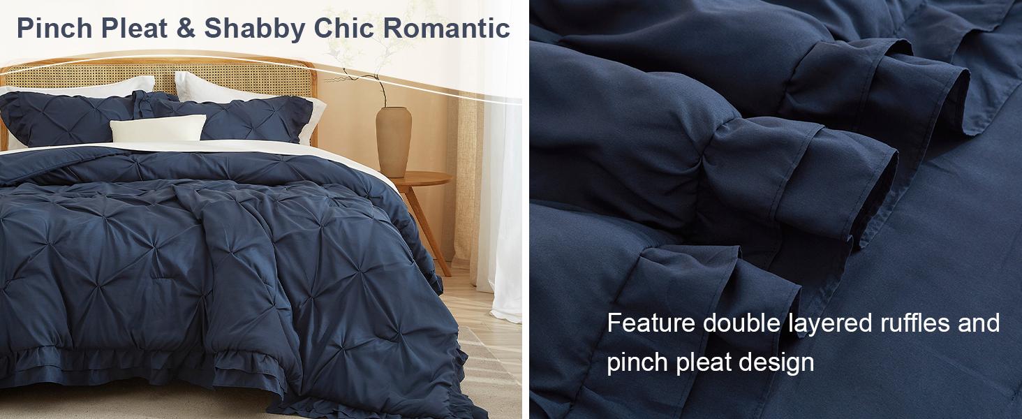 Dark Blue Ruffled Pintuck Comforter Set Queen Size, Microfiber Pleated Comforter Set Vintage Bedding, 3 Piece Brushed Comforter Set, 1 Ruffled Comforter with 2 Pillowcases