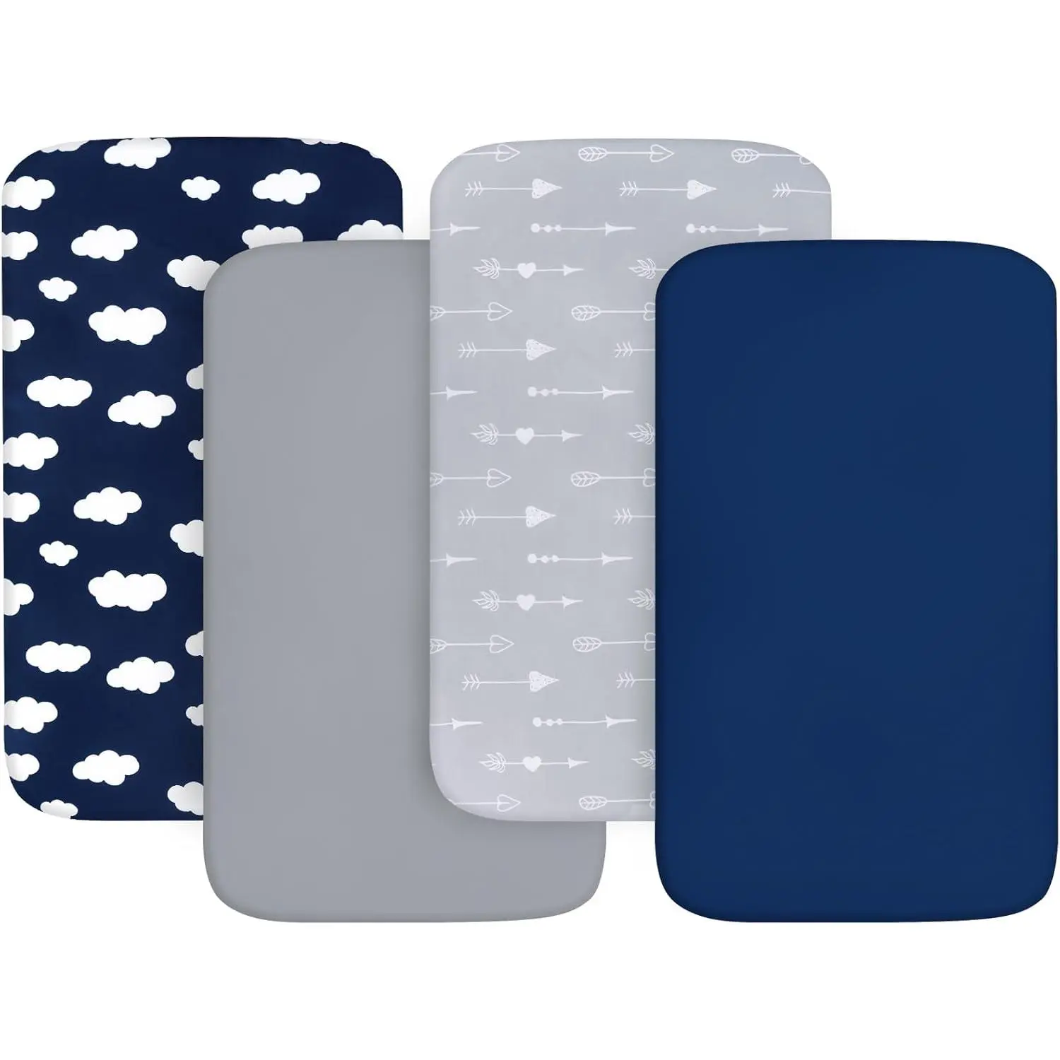 Unisex 4-Piece Microfibre Fitted Crib Sheets & Playard Sheets - 100% Breathable Soft Woven Fabric, Elastic Band, Fits 38x26x5" Deep Pocket, Machine Washable, Dryer Friendly, Low Heat Safe, Grey/Navy, Ideal for Mini Crib