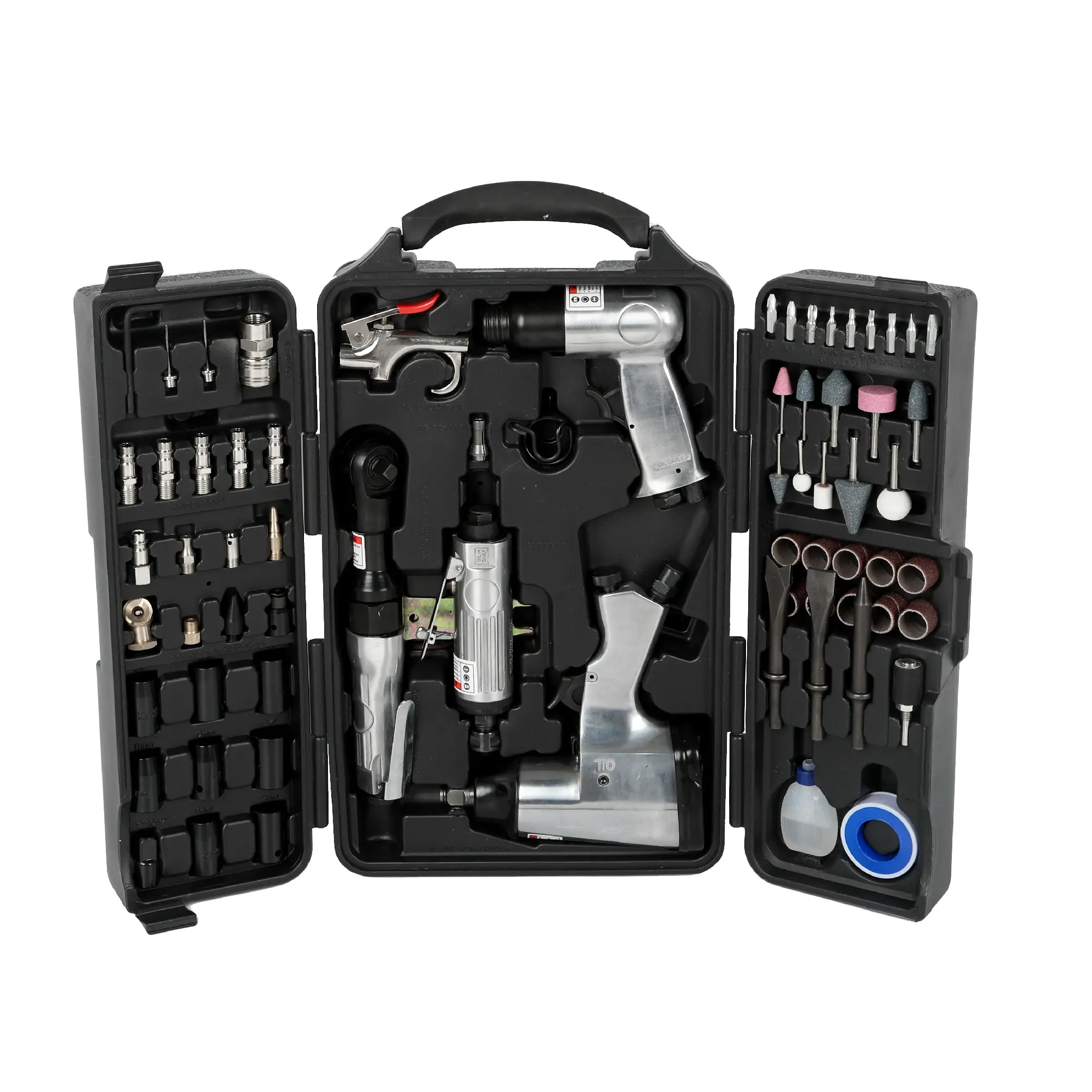 ARCH 71-Piece Air Tool Kit with 1/2 Inch Impact Wrench, Air Ratchet, Die Grinder, Air Hammer, Sockets, Chisels, Grinding Stones, Hose Fittings, and Blow Molded Case for Automotive Repair, Garage, Workshop, DIY Projects, Black and Silver Steel