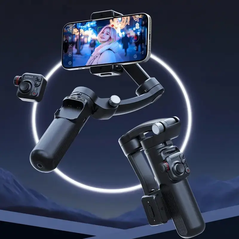 Handheld Three-Axis Folding Gimbal Stabilizer, Smart Ai Face Tracking, Detachable Remote, Light, Mic, 6hr Battery, Travel, Video, Photo, Live Streaming, Gyro Stabilizer, Live Streaming Accessory