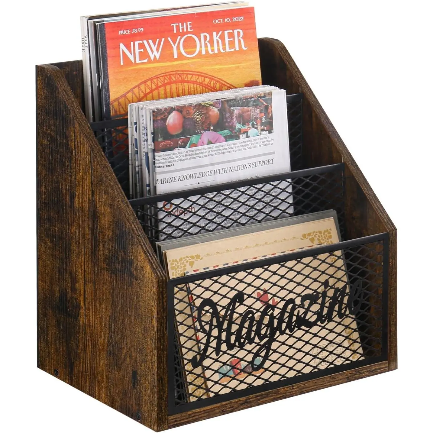 YINMIT Stepped 3 Tier Floor Magazine Rack, Multifunctional Storage Organizer Basket for Magazines, Books, Newspapers, Folders and Tablets