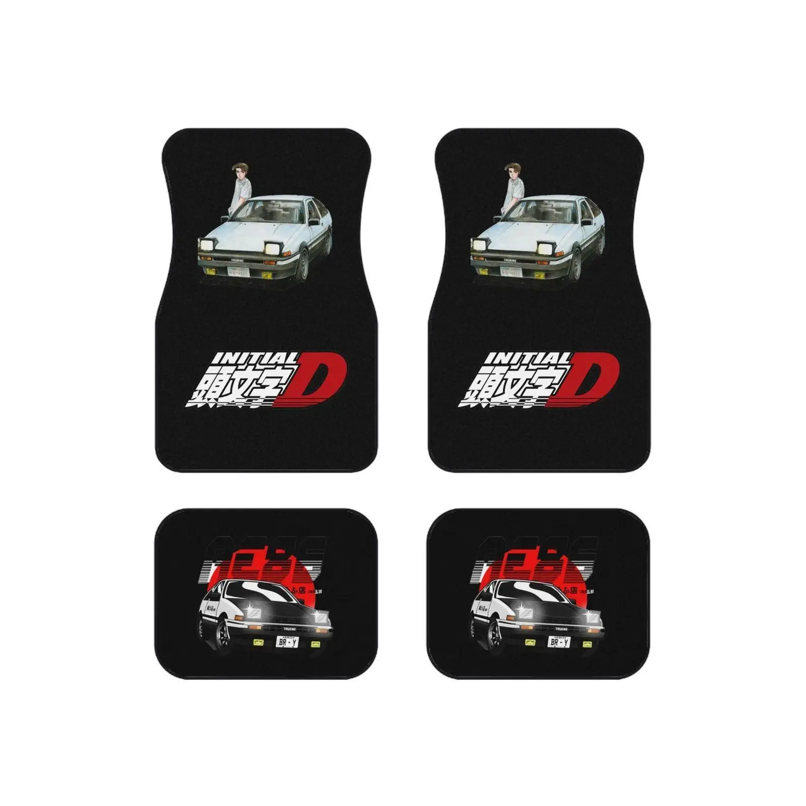 Initial D Anime AE86 Treuno  Non Slip Rubber Backing Car Mats (Set of 4) Car Enthusiasts Racing Retro Japanese