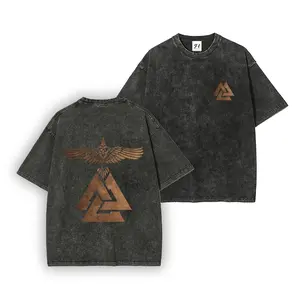 Odin’s Raven & Valknut Symbol Vintage Washed Viking Tee Short Sleeve Cotton Unisex Retro wash Tee