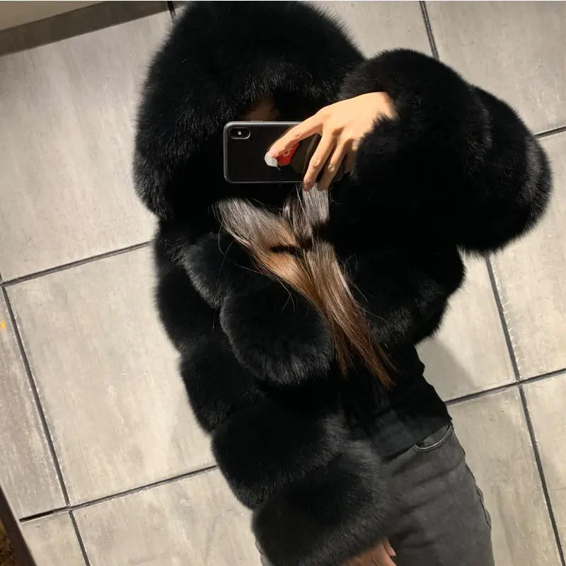 High Quality Furry Cropped Faux Fur Coats and Jackets Women Fluffy Top Coat With Hooded Winter Fur Jacket Manteau Femme Jackets