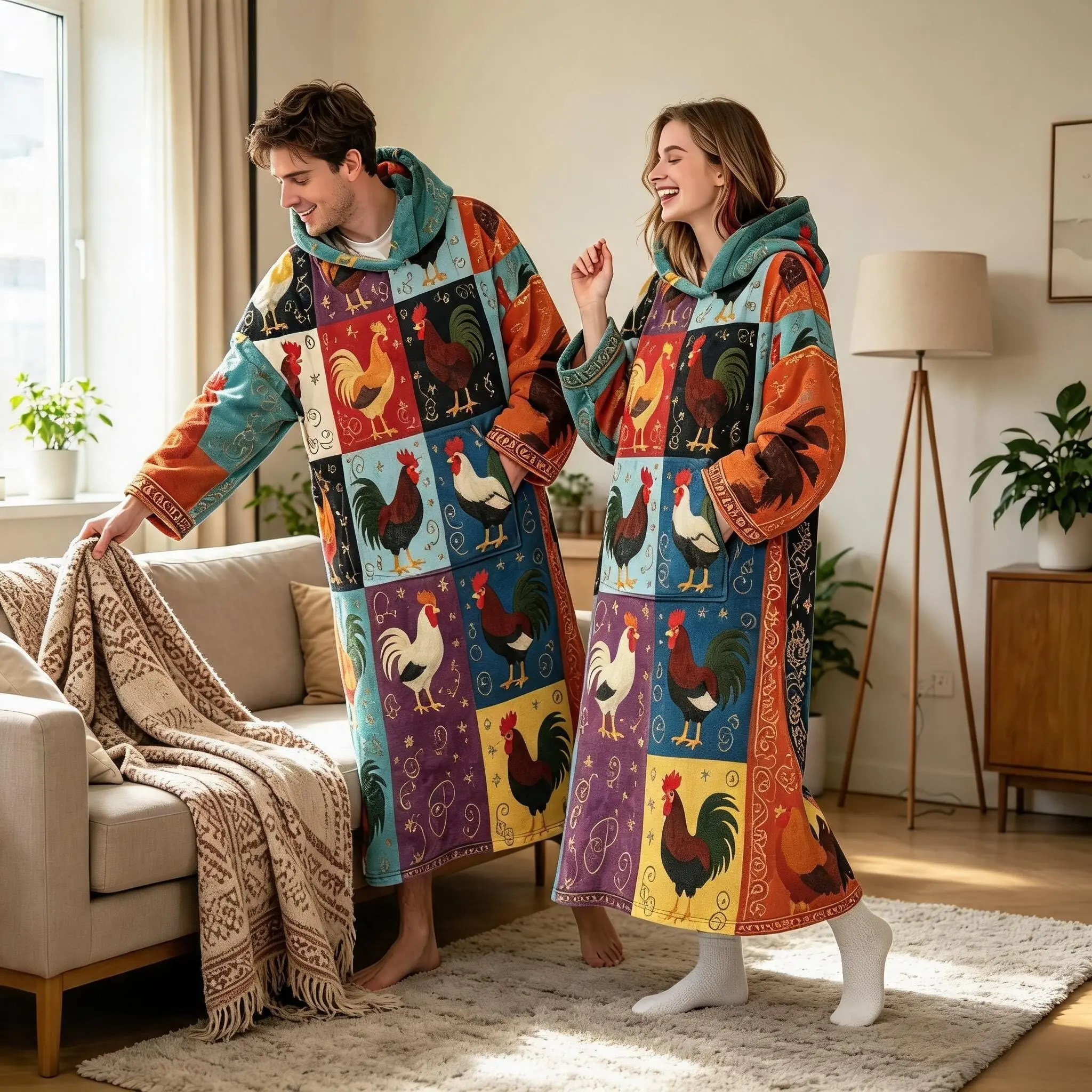 Vintage Rooster Hooded Wearable Blanket, Soft Flannel, Lightweight Warmth, Perfect for Office Naps, Sofa, Travel, Bedroom, Gift