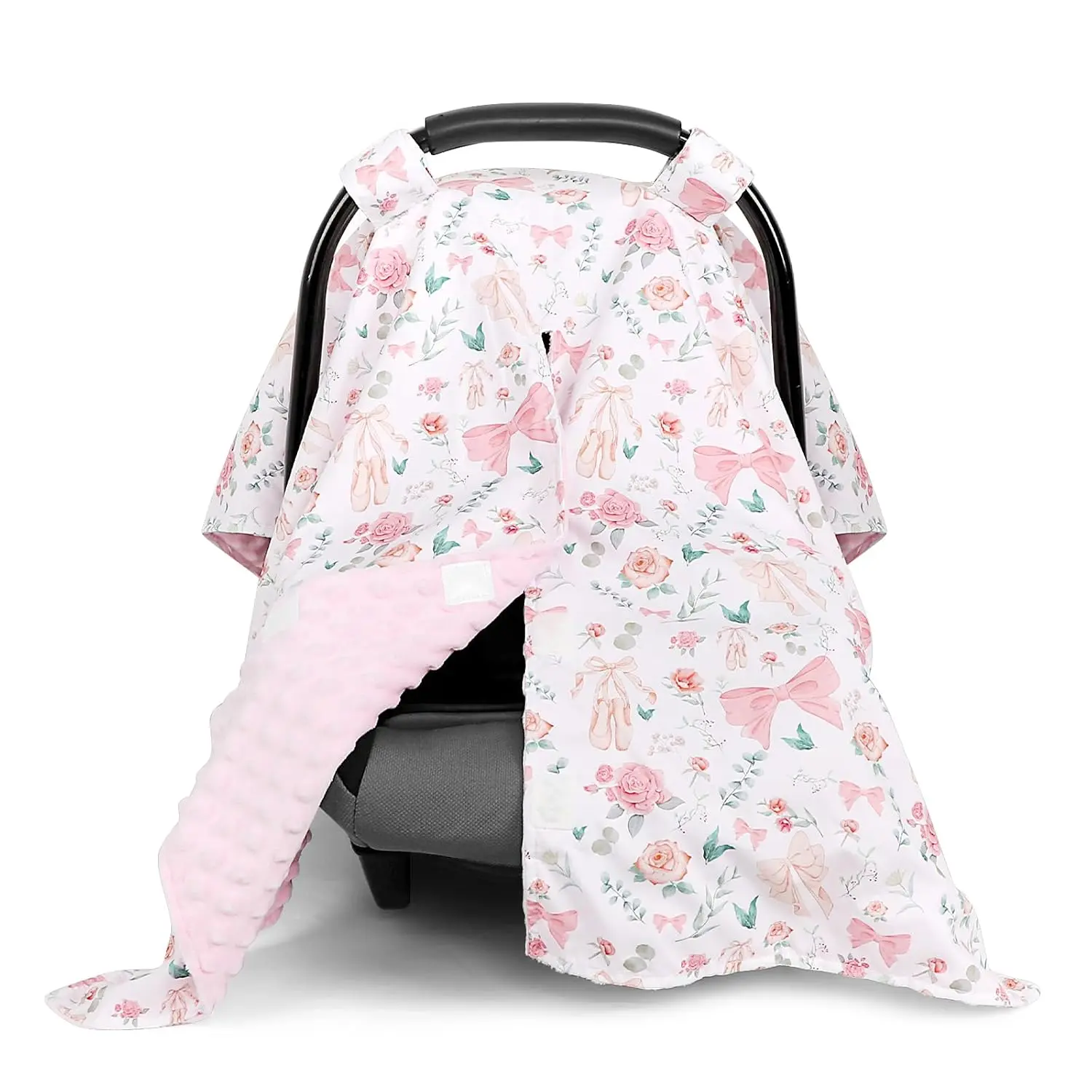 Baby Car Seat Cover, Soft Minky Warm Winter Car Seat Canopy  Infants & Toddlers, Opening with Adjustable Strap, Breathable Nursing Cover & Stroller Blanket, Pink Flowers (s Most Car Seats)