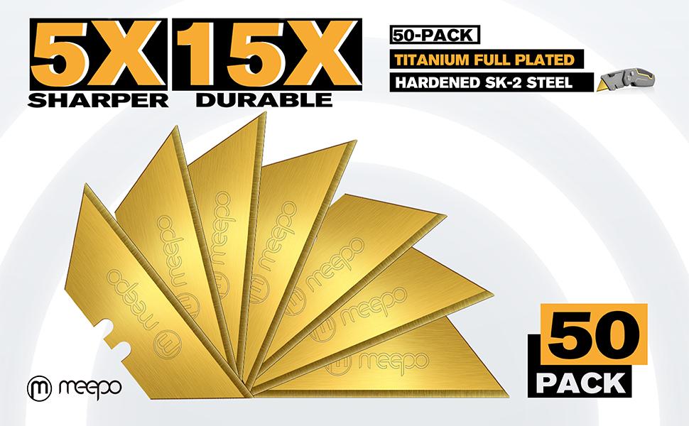 50-Pack Utility Knife Blades, Titanium Fully Plated, Durable SK-2 Razor Blades for Utility Knife Box Cutter, Never Rust, Extra Durable