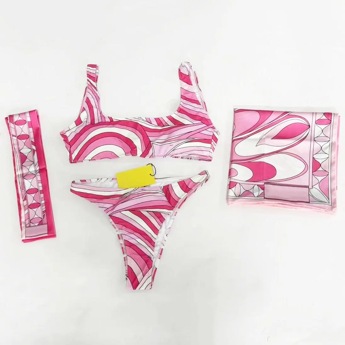 Classic Women's Pink Ribbon Scarf Bikini Sets with Designer Letter Signature Logo Luxury Design Women's Two-Piece Swimsuits