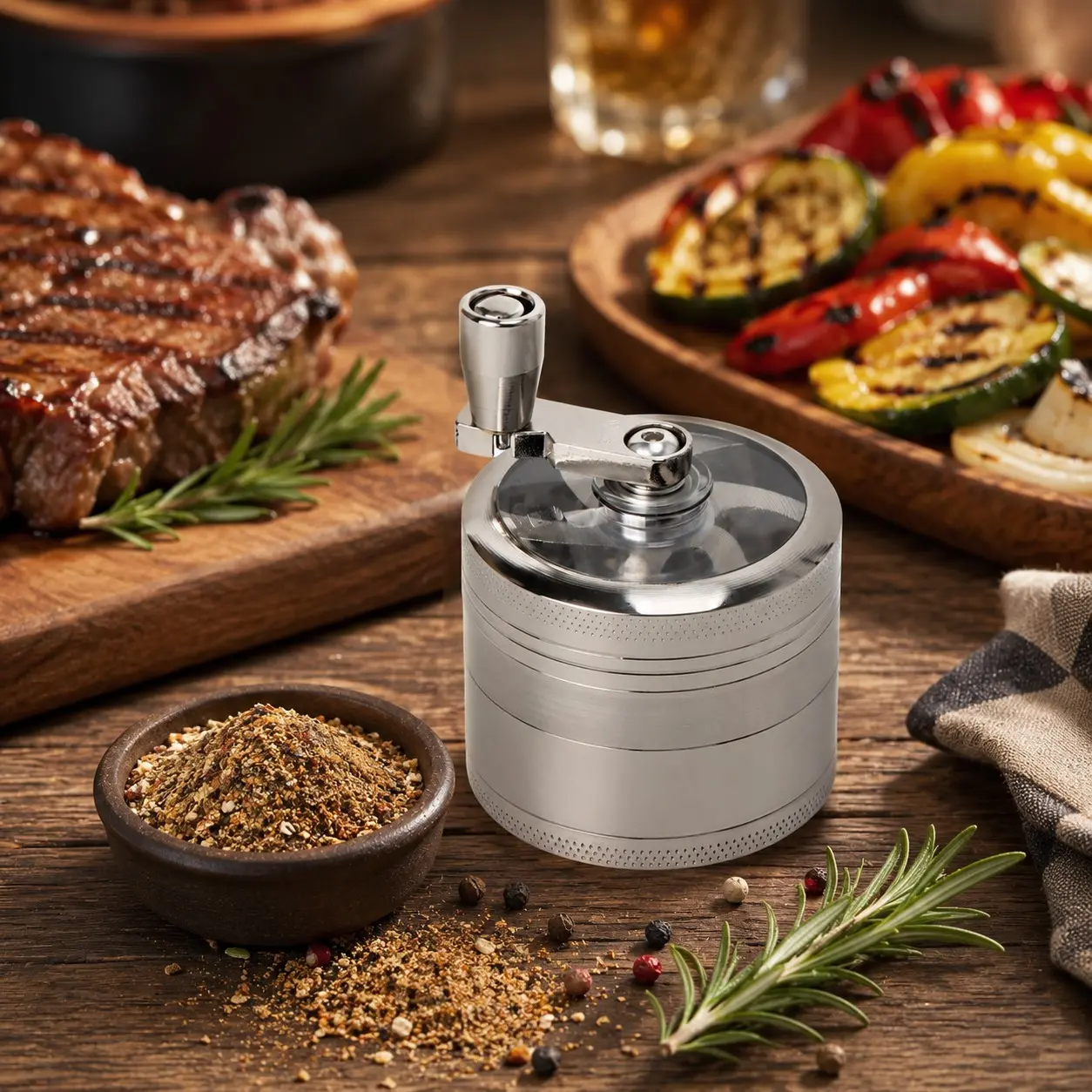 Manual 4-Layer Metal Grinder with Metal Handle - Suitable for Herbs/Rock Salt | Pocket-Sized Manual Crusher for Camping & Kitchens | Rustproof, No Batteries Needed - Perfect for Outdoor Camping, Kitchen Essentials