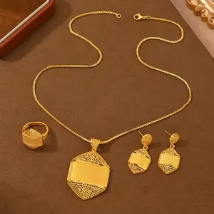3 Piece Gold Plated Jewelry Set, Glamorous Bridal Hexagonal Design with Contrast Textures, Adjustable Ring & Drop Earrings for Women, Gift for Best Friends
