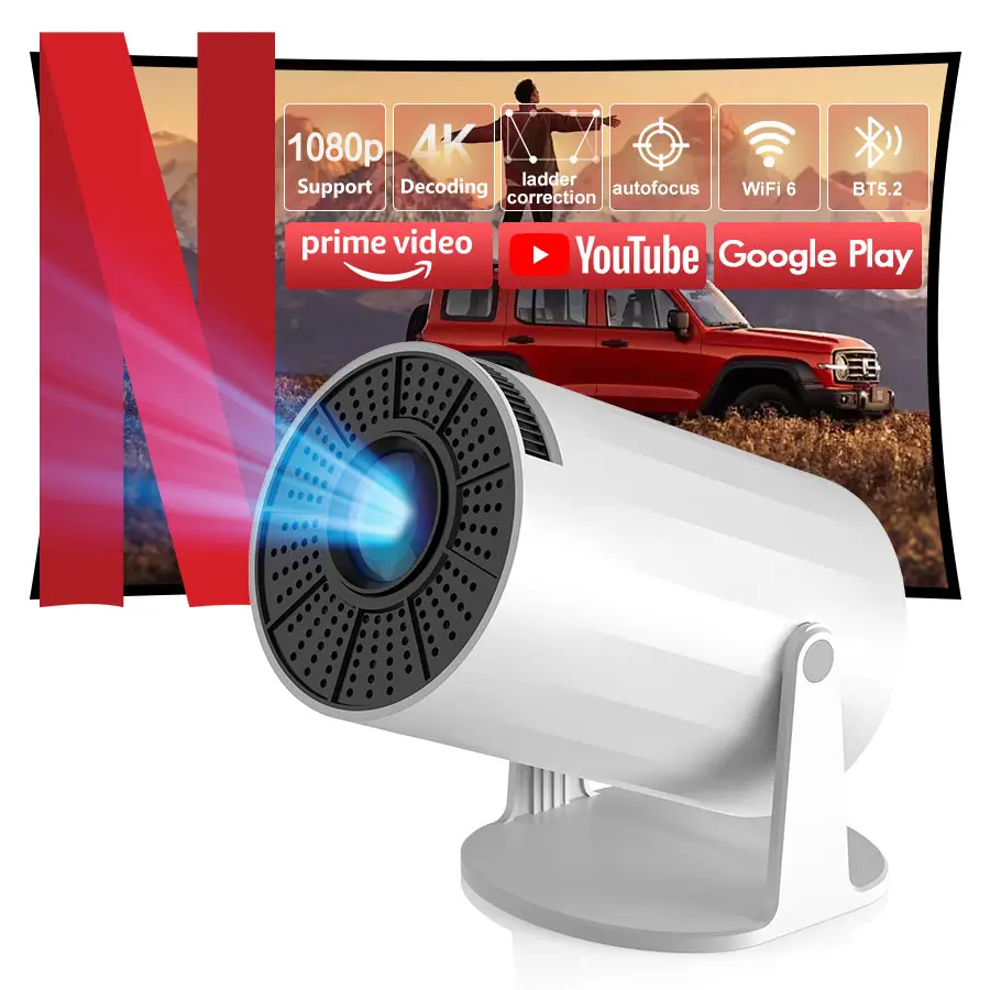 XBJ Mini Portable Projector with Wifi and BT5, 4K Support, Auto Keystone Adjustment, Pneumatic Mouse Remote Control for Outdoor/Bedroom Audio Watch