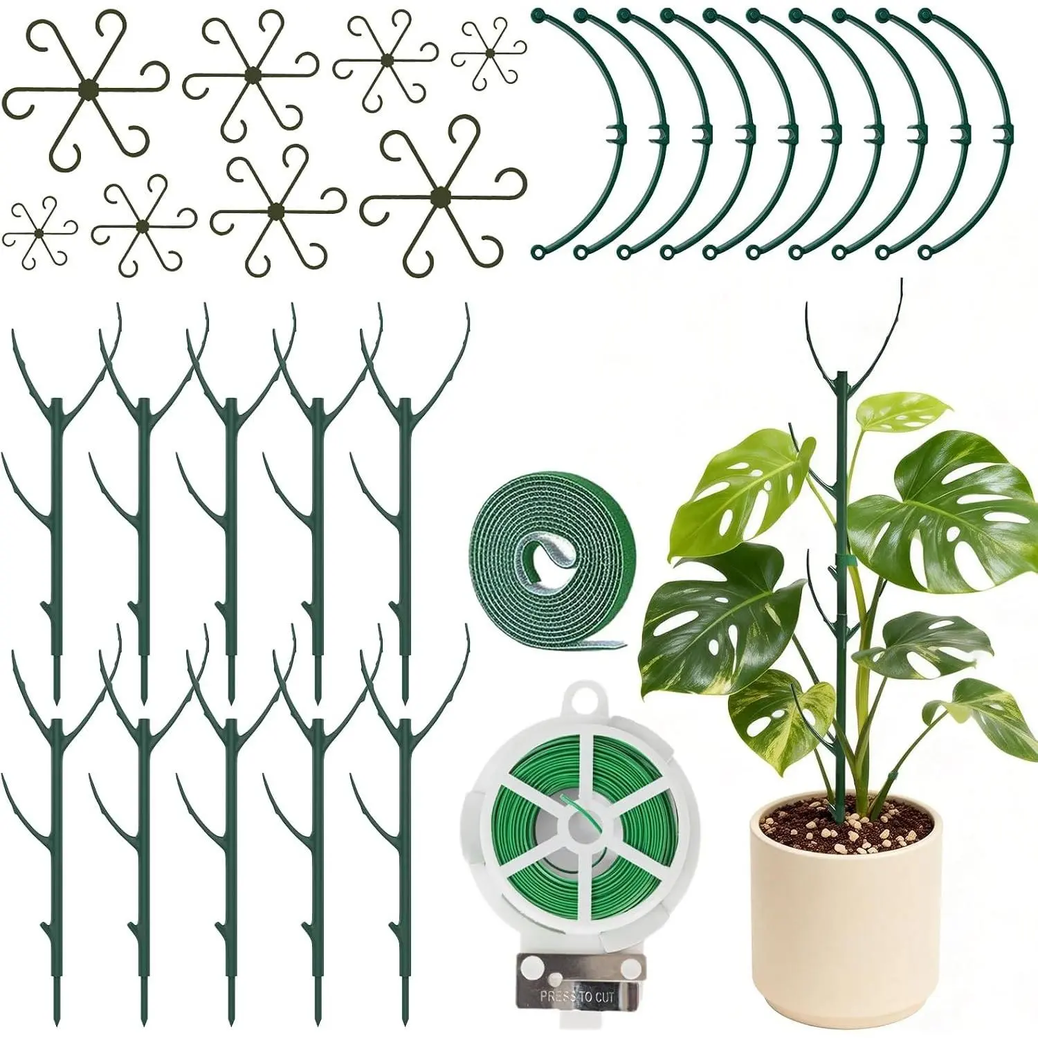 30Pcs Plant Stakes for Indoor Plants, Stackable Monstera Stake with Stem Supports & Garden Wire for Monstera, Pothos, Money Plant, Outdoor Plants