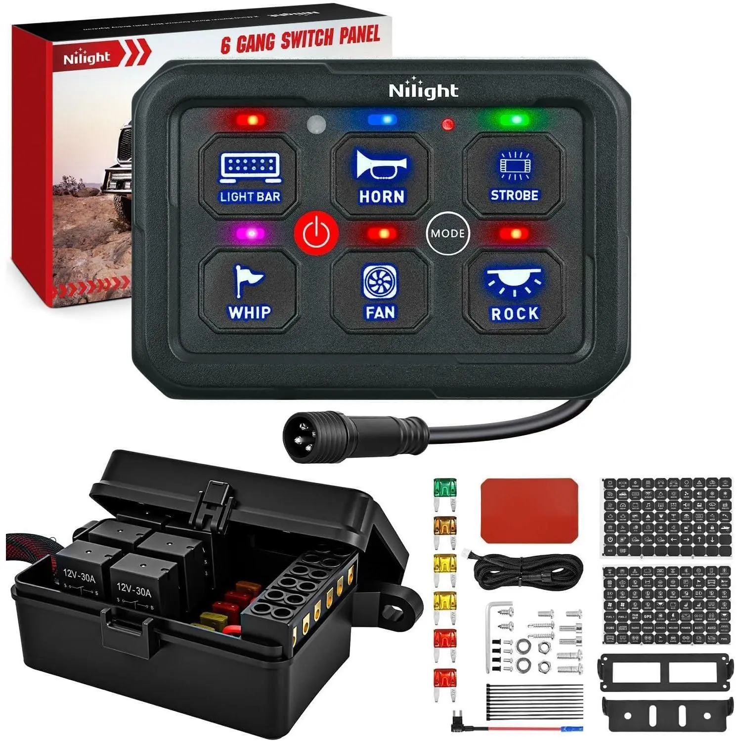 Nilight 6 Gang Switch Panel Blue Circuit Control Relay System with Fuse Wiring Harness Toggle Momentary Strobe Flash Modes Automatic Dimmable ON Off Pod 12V 24V for Car Truck Camper SUV
