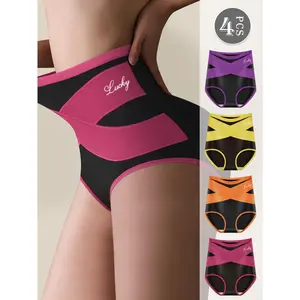 QUASTI 4 Pack High Waist Cross Compression Shaping Panties, Silky Milk Silk "Lucky" Printed Tummy Control Briefs, Butt Lifting Seamless Invisible Underwear for Summer Outfits, S-XXL