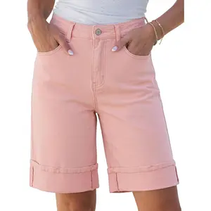 Jean Bermuda Shorts for Women High Waisted Knee Length Cuffed Long Stretchy Denim Shorts Loose Summer Jorts