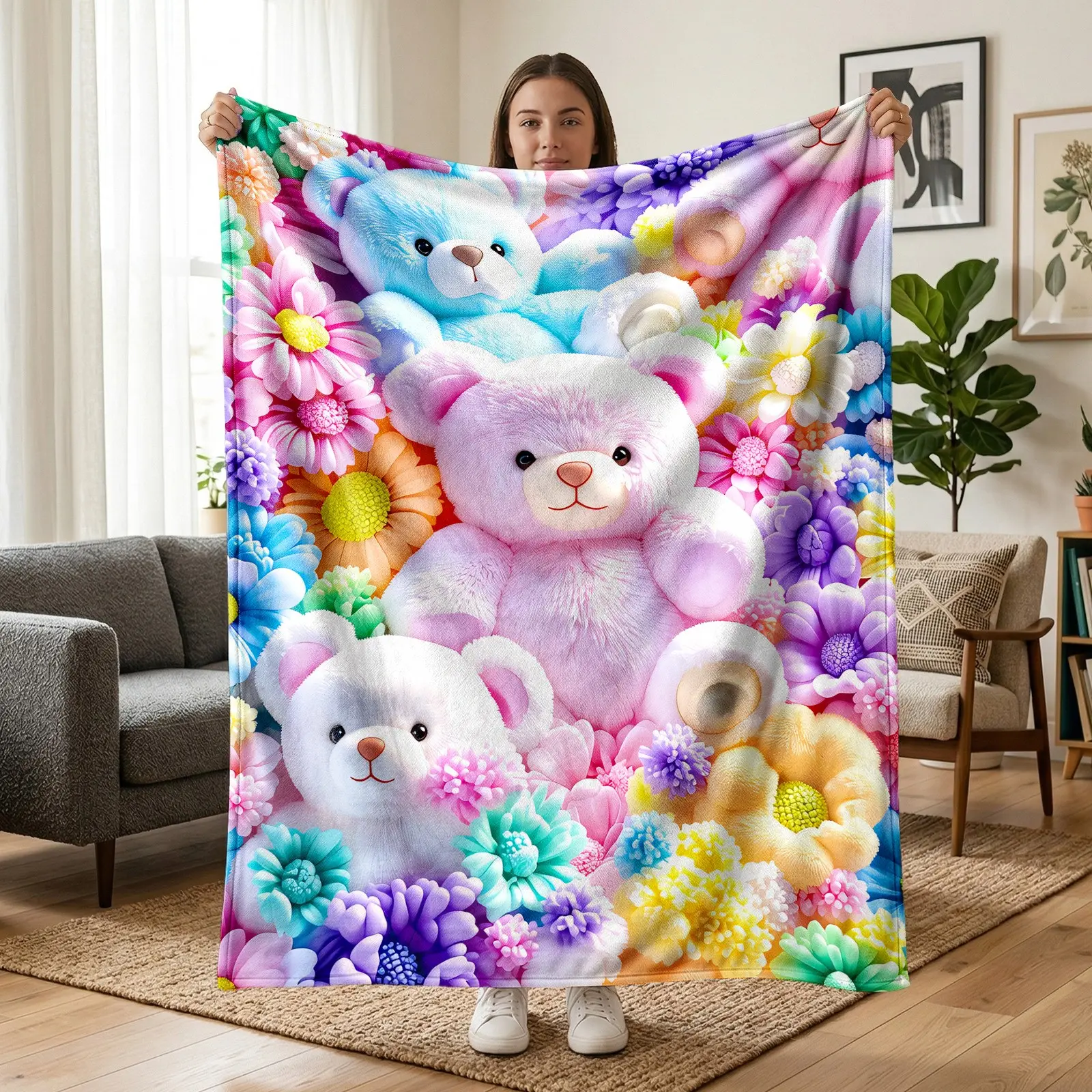 1pc Cute Teddy Bear Flannel Blanket, Colorful Plush Bear Floral Fleece Throw Blanket, Pastel Teddy Bear Blanket with Blooming Flowers, Soft Cozy Plush Blanket for Sofa Bed Couch Office Camping Travel, Birthday Christmas Gift