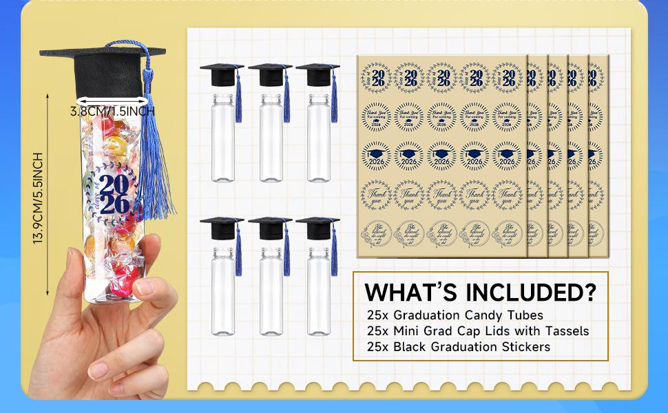25 Pcs Graduation Candy Tubes 2026 Graduation Party Favors Candy Boxes Plastic Grad Cap Jars Container with Tassels and Stickers for DIY Grad Table Party Favors (Blue)