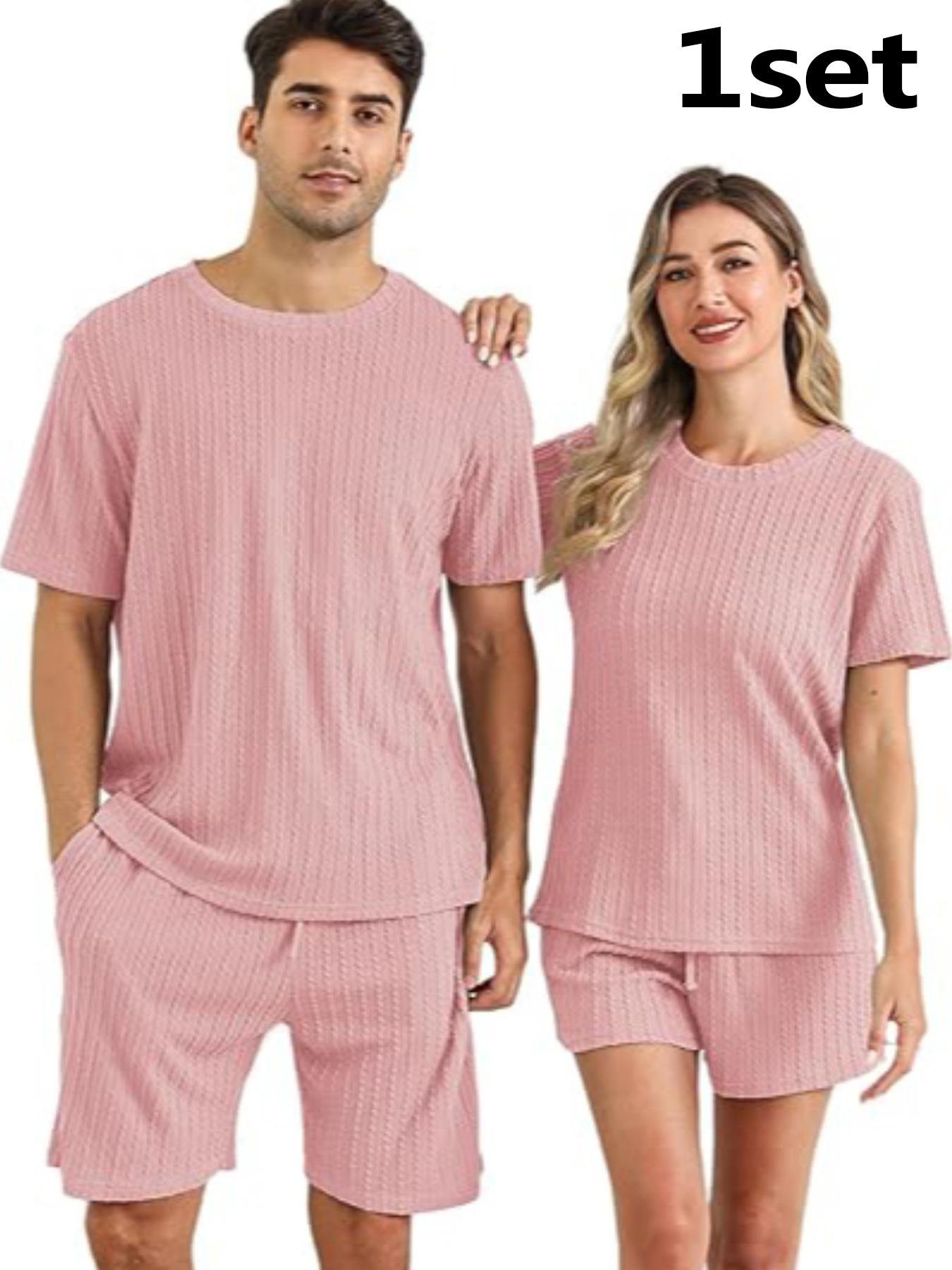 Couple's Solid Short Sleeve Tee & Shorts Pyjama Set, Casual Comfy Round Neck T-shirt & Shorts PJ Set, Couple's Sleepwear for All Seasons Loungewear