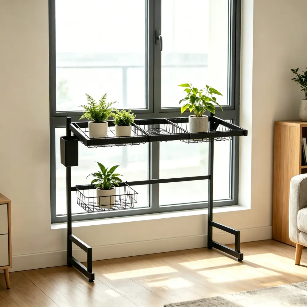 SICANDAENHK Lightweight Metal 3-Tier Foldable Freestanding Rectangular Plant Stand - Indoor Plant Holder, Countertop Organizer for Windowsill Storage, Kitchen Decor (Single Unit, Limited Stock)