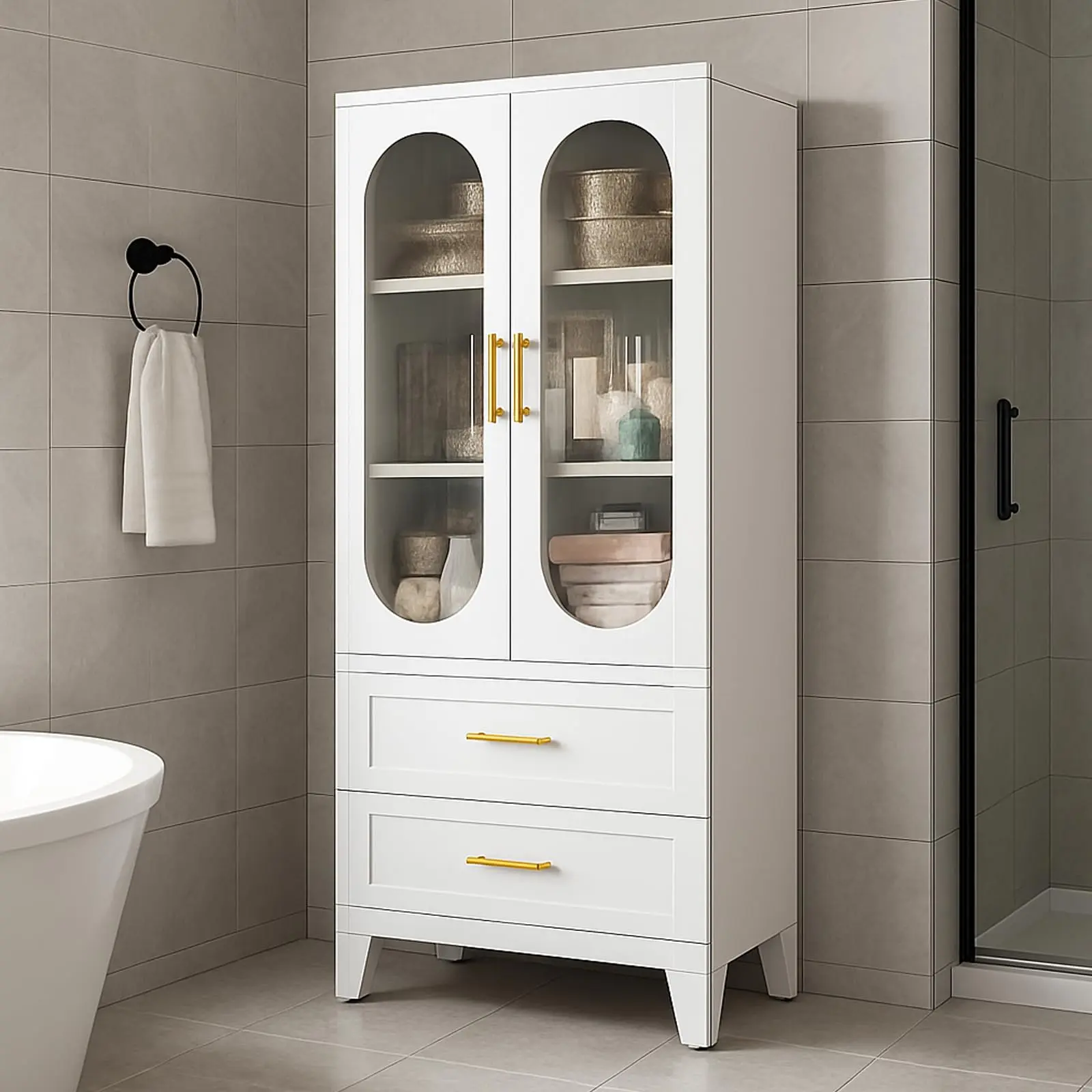 73 Inch Tall White Metal Pantry Cabinet with Glass Doors, Adjustable Shelves & Drawer, Multi-Room Storage Locker for Kitchen Laundry Bathroom Tool Room