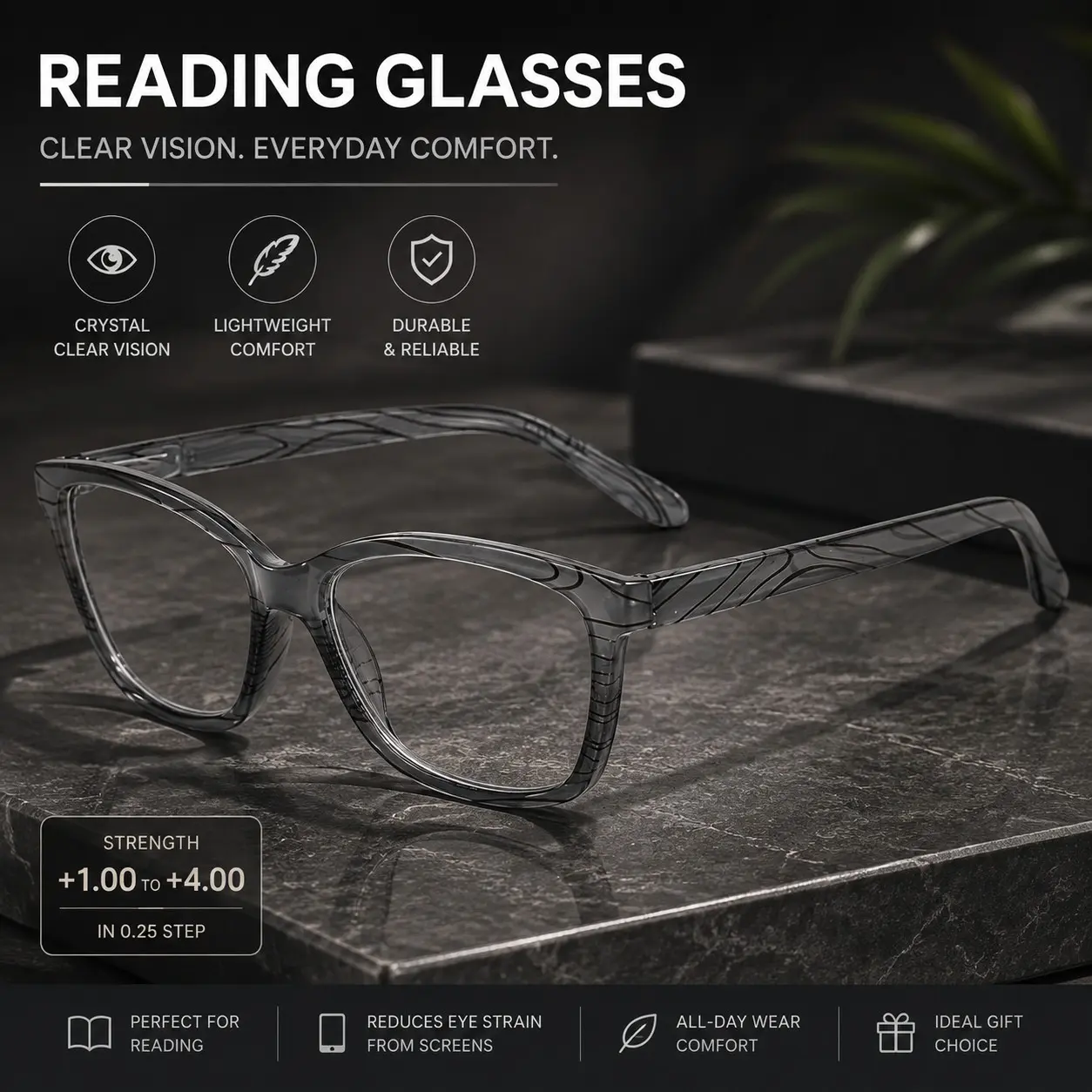 Unisex Classic Reading Glasses, Lightweight Magnifying Readers, Durable Frame Design, Ideal for Small Text, Books, Phone, Office Use
