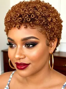 Honey Blonde Short Tight Curly Human Hair Wig for Women, Full Machine Made Remy Human Hair Pixie Cut Wig with Bangs, Stylish and Natural Look