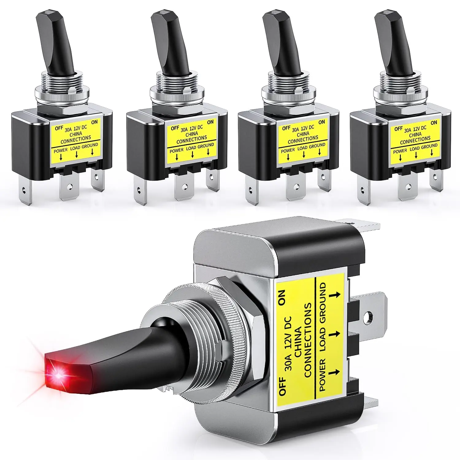 Nilight 5PCS 12V-24V LED Toggle Switches with Red LED, 30A 12V DC SPST 3-Pin Metal Rocker, 12mm Mounting Hole, Heavy Duty for On Off Control, Night Light Controls, Switch Operation, Automotive Cars