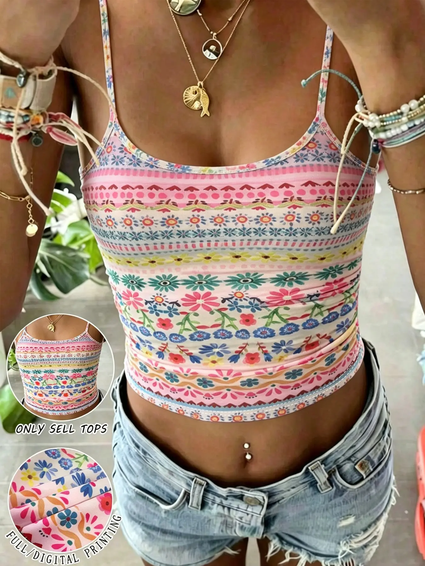 Women's Boho Striped Floral Print Spaghetti Strap Cropped Camisole, Slim-Fit Adjustable Tie Strap Sleeveless Top, Perfect for Beach Vacations, Street and Daily Casual Occasions