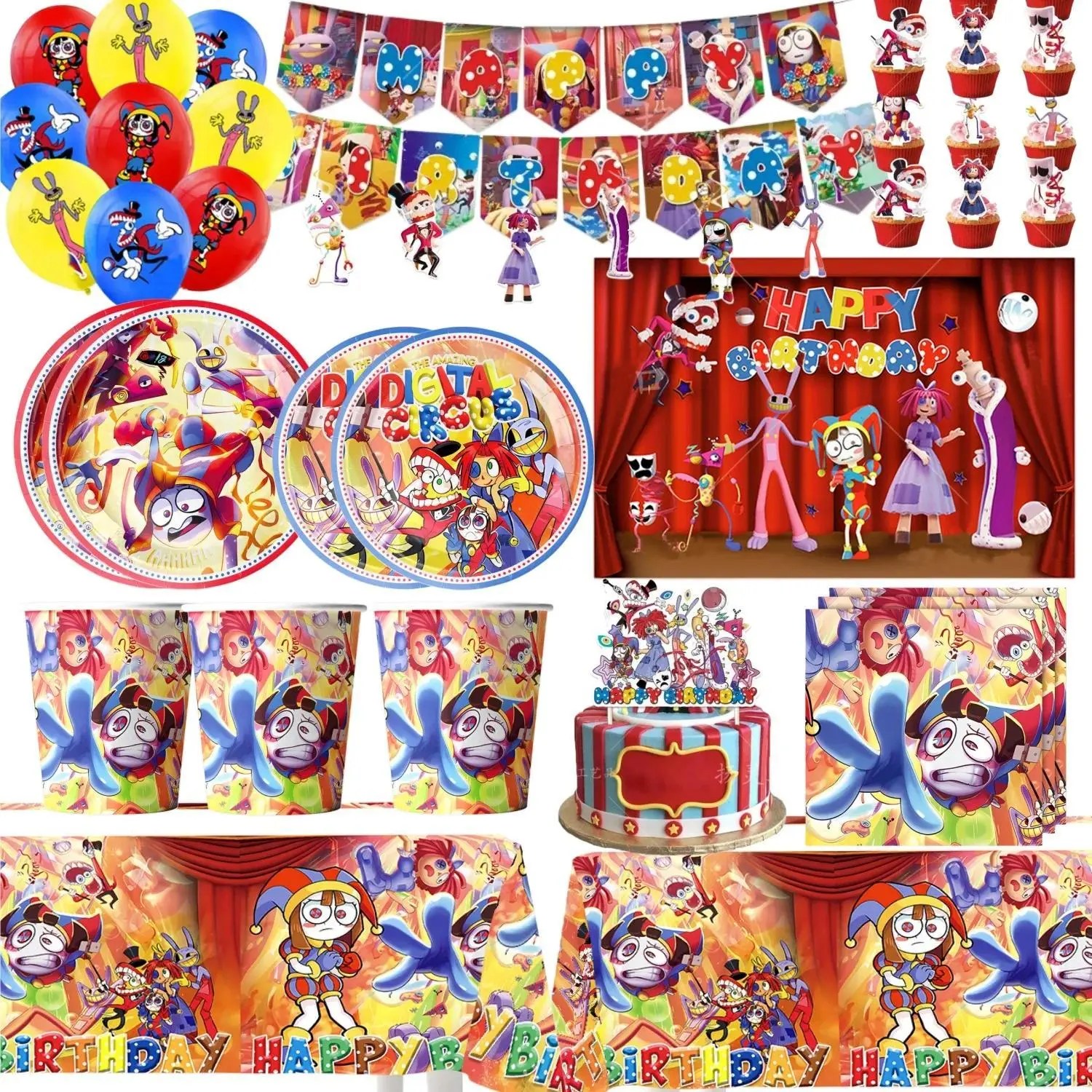 Circus Themed Party Decorations Supplies - 12pcs Cake Topper, 18pcs Balloon, Digital Balloon Banner, Happy Birthday Baby Shower Tableware Gifts