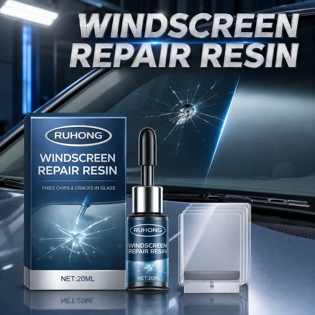 Windscreen Repair Resin UV Curing Windshield Chip Repair Kit for Small Chips Star Cracks Auto Glass DIY Care Clear Finish with Curing Films 20ml
