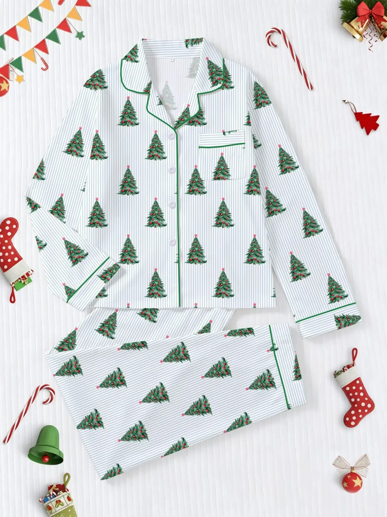Women's Christmas Pajama Set, Fitted Long Sleeve Top and Elastic Waistband Pants, All-Over Print, Fall and Winter Casual Sleepwear, Comfortable Loungewear for Home