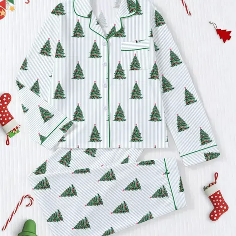 Women's Christmas Pajama Set, Fitted Long Sleeve Top and Elastic Waistband Pants, All-Over Print, Fall and Winter Casual Sleepwear, Comfortable Loungewear for Home, Cute Christmas Pajamas