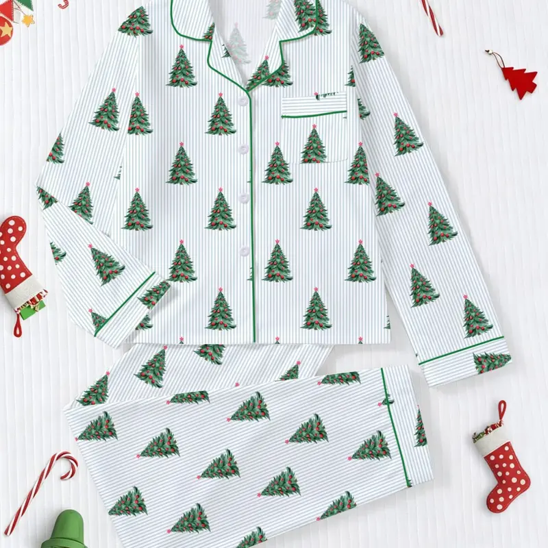 Women's Christmas Pajama Set, Fitted Long Sleeve Top and Elastic Waistband Pants, All-Over Print, Fall and Winter Casual Sleepwear, Comfortable Loungewear for Home, Cute Christmas Pajamas