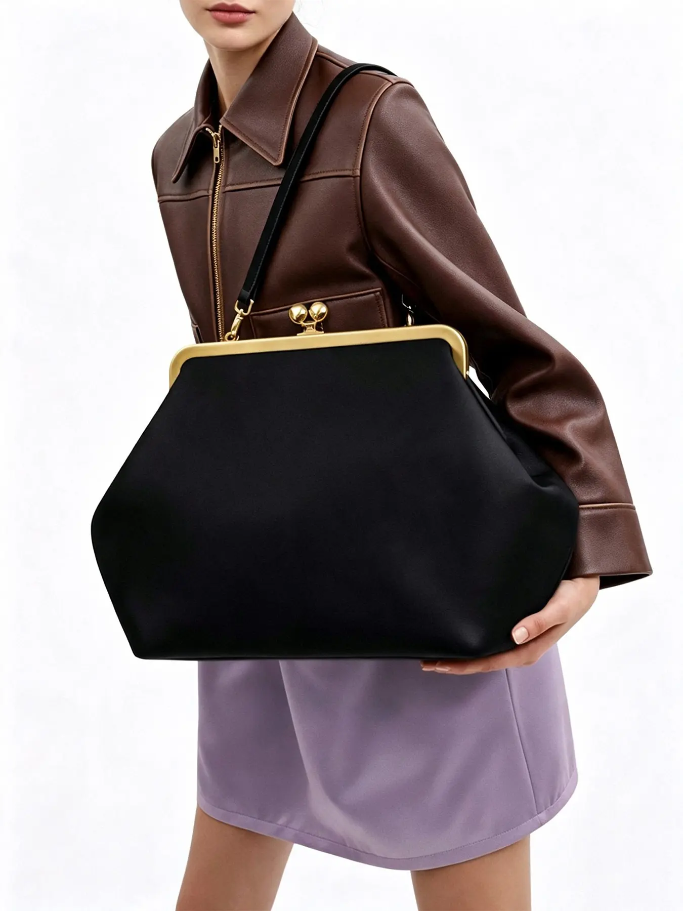 Elegant large lock frame women's shoulder bag, soft handbag with detachable thin horizontal strap, retro gold metal frame casual handbag, perfect for daily commuting, work office, weekend outings, and old money elegant retro style matching