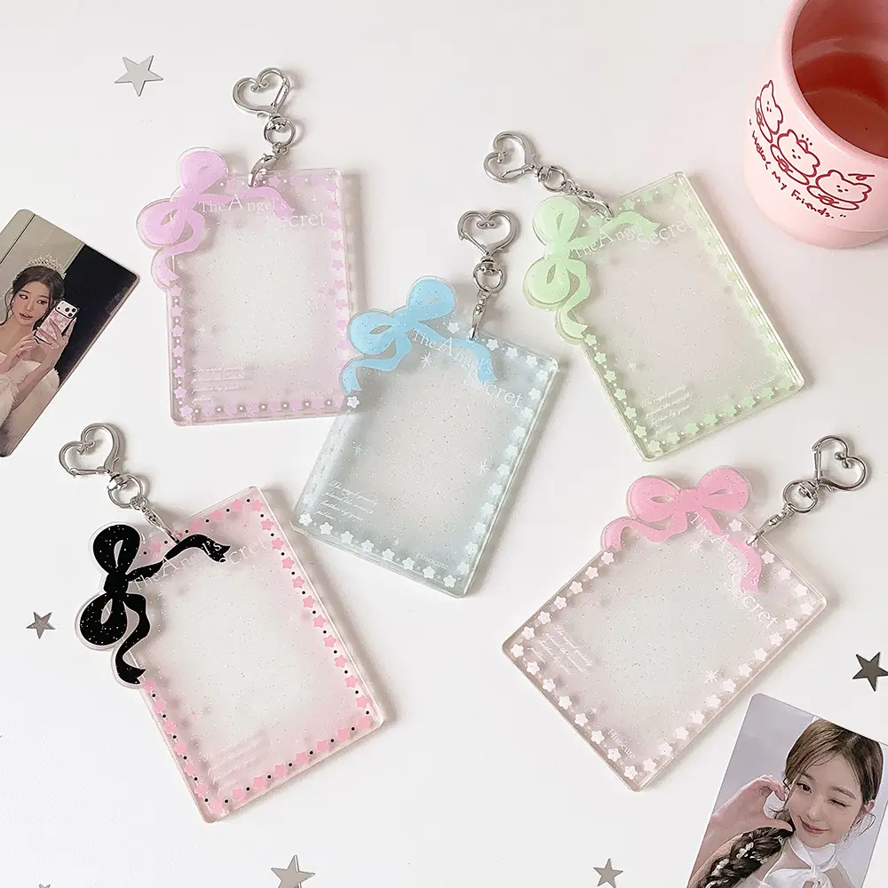 3 Inch Glitter Bow Acrylic Photocard Holder, Ins Style Card Protector, Cute Keychain Pendant for Kpop Idol Cards, Polaroid Photos, Collectible Card Accessories