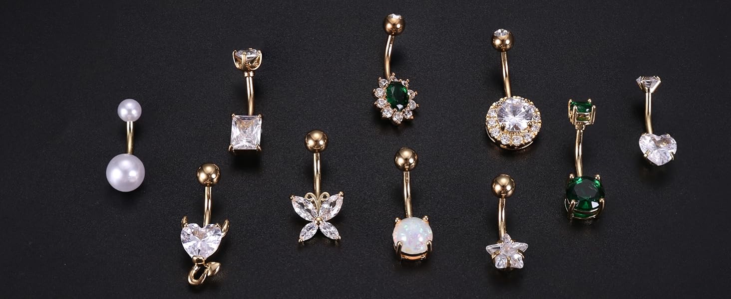 ZELORES 9PCS Surgical Stainless Steel Hypoallergenic Belly Button Rings with Extra Replacement Balls, Trendy Dangle Belly Button Piercing Jewelry for Women, 14G - Silver/Gold/Rose Gold