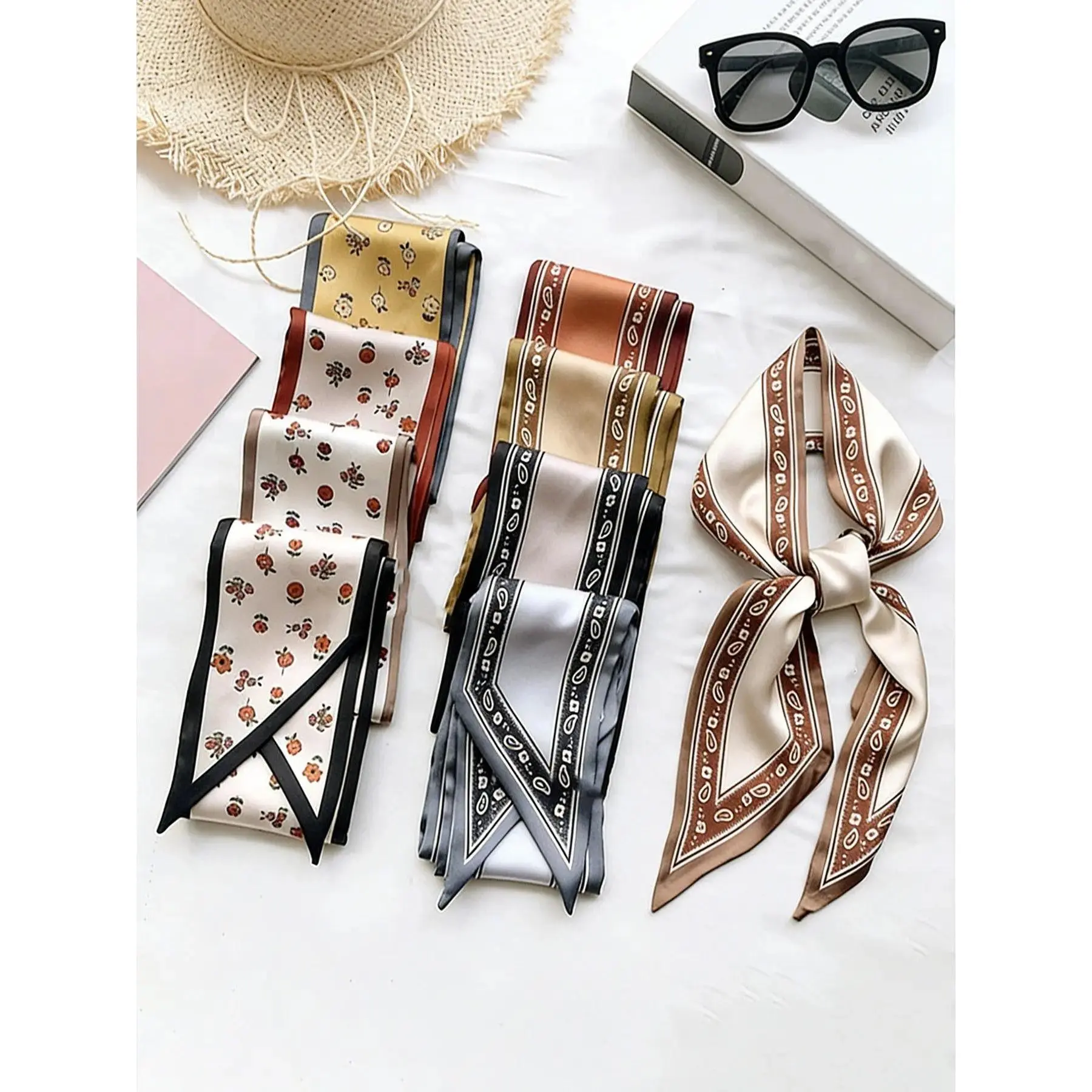 9 Pcs Women's Skinny Scarves, Vintage Walnut Flower Synthetic Polyester Scarf Style, Multifunctional Hair, Neck & Bag Accessory for Year Round Wear, Female, Flower Patches, Everyday Use, 9 Pcs / 1 Set, All Seasons, Vintage Walnut Flower Patterns, Decorati
