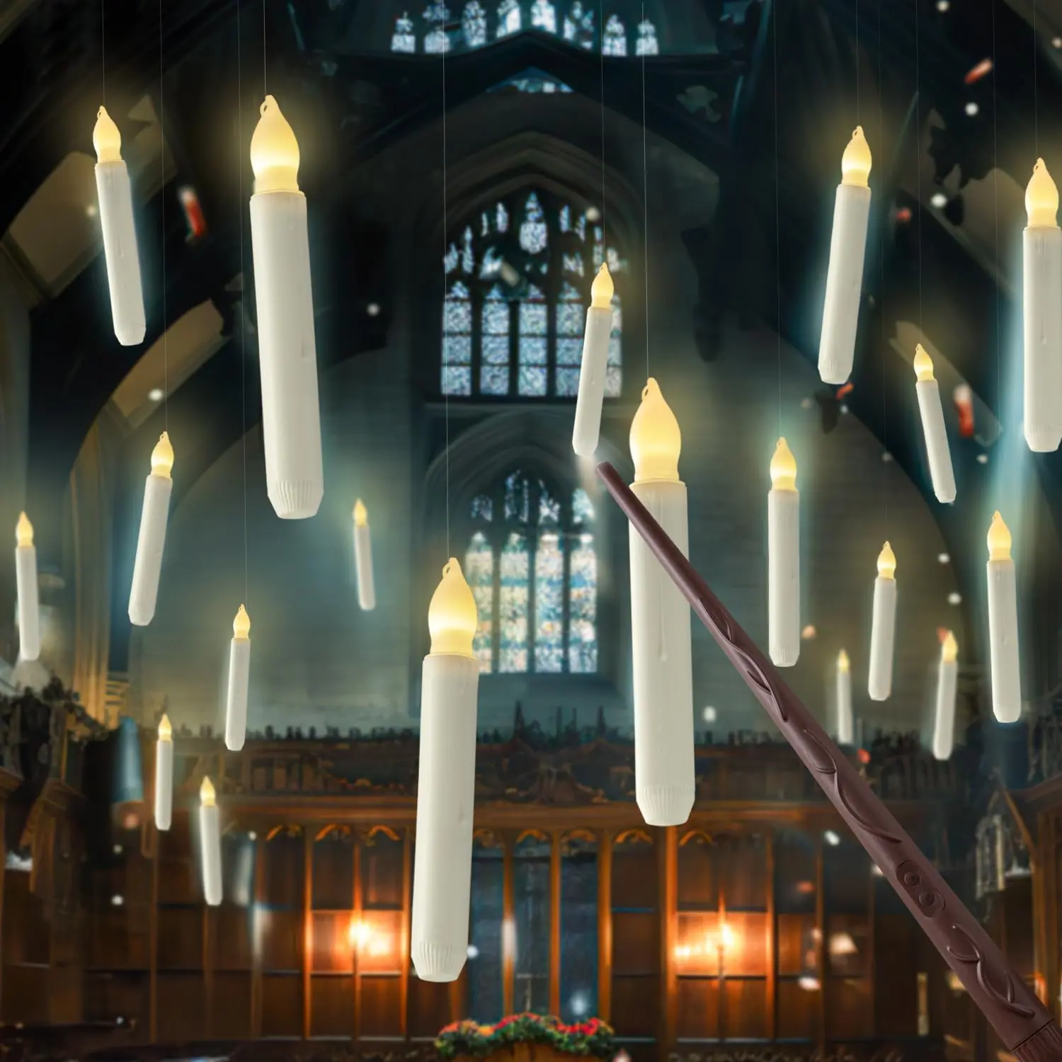 Hanging floating candles, equipped with a remote-controlled magic wand, 10 flameless LED taper candles, suitable for Halloween, Christmas parties, and birthday parties, can be used for table and windowsill decoration