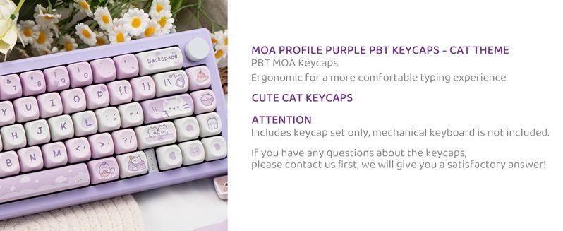 COOMICKEY PBT Keycaps MOA Profile 132 Keys Dye Sublimation Purple Cute Cat Customized Set for ANSI Cherry MX Switches Mechanical Keyboards with Keycap Puller