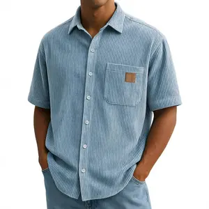 2026 Men's Corduroy Short-Sleeve Shirt – New Summer Retro Casual Collared Shirt with Leather Patch Pocket; Suitable for Streetwear or Everyday Wear
